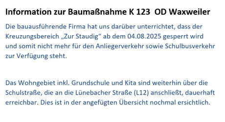 04.08.2025 Information zur Baumaßnahme K 123  OD Waxweiler