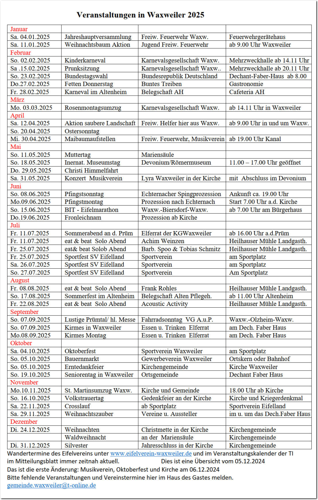 Gemeinde Waxweiler - Kalender 2025